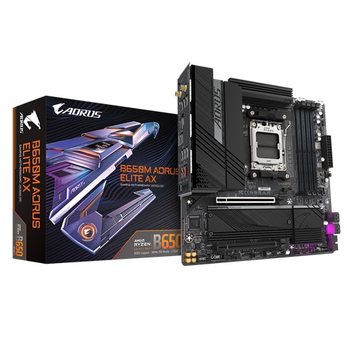 Gigabyte B650M AORUS ELITE AX 1.3, ATX, AMD AM5, 4xDDR5, 2xM.2, 4xSATA 6Gb/s, RAID, 2xPCIe, 1xHDMI, 1xDP, GbE LAN, Wireless AX+Bluetooth, 1xUSB-C, 7xUSB3.2, 4xUSB2.0