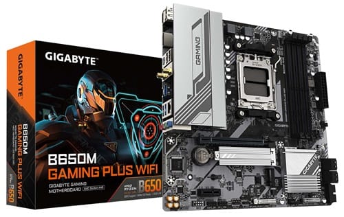 Gigabyte B650M GAMING PLUS WIFI, Micro ATX, AMD AM5, 4xDDR5, 2xM.2, 4xSATA 6Gb/s, RAID, 1xPCIe, 1xHDMI, 2xDP, GbE LAN, Wireless AX+Bluetooth, 1xUSB-C, 3xUSB3.2, 2xUSB2.0