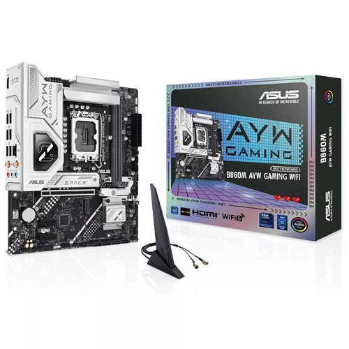01739943084.jpg Asus B860M AYW GAMING WIFI, Micro ATX, Intel LGA 1851, 2xDDR5, 2xM.2, 4xSATA 6Gb/s, RAID, 1xHDMI, 3xPCIe, GbE Lan, Wireless AX+Bluetooth, 3xUSB-A, 3xUSB2.0