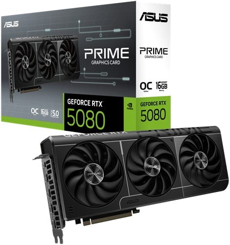Asus PRIME-RTX5080-O16G, Nvidia GeForce RTX 5080 OC Edition, 16GB GDDR7, Core Clock: 2685MHz, Cuda Core: 10752, 1xHDMI, 3xDP, PSU: 850W, PCIe5.0