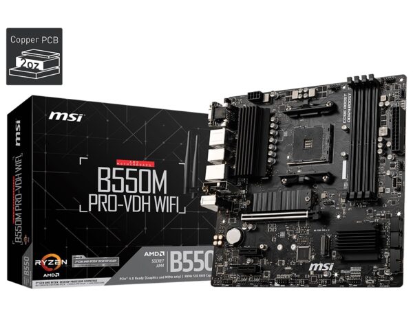 0MBM-B550M-PRO-VDHWF.jpg MSI B550M PRO-VDH WIFI, Micro ATX, AMD AM4, 4xDDR4, 2xM2., 4xSATA 6Gb/s, RAID, 3xPCIe, 1xHDMI, 1xDP, 1xD-Sub, GbE LAN, Wireless AC+Bluetooth, 2xUSB2.0, 4xUSB3.0
