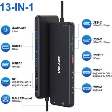 Volans VL-UCH2P, Aluminum 13-in-1 Triple Display USB-C Hub, 100W, 2xHDMI, 1xDP, 1xRJ-45, 2xUSB-C, 4xUSB3.1, 2xUSB2.0, 1x3.5mm Audio Jack