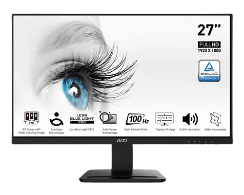 MSI PRO MP273A, 27" IPS, 1920x1080, 16:9, 1ms, 100Hz, Adaptive-Sync, 1xHDMI, 1xDP, 1xD-Sub, Speakers, VESA, Tilt