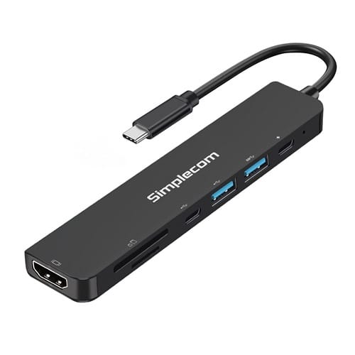 Simplecom CH547, USB-C 7-in-1 Multiport Adapter, 1xHDMI, 2xUSB-A, 1xUSB-C (Up to 100W PD), 1xSD Slot, 1xMicroSD Slot, Black