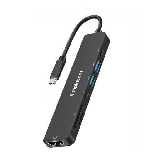 Simplecom CH547, USB-C 7-in-1 Multiport Adapter, 1xHDMI, 2xUSB-A, 1xUSB-C (Up to 100W PD), 1xSD Slot, 1xMicroSD Slot, Black