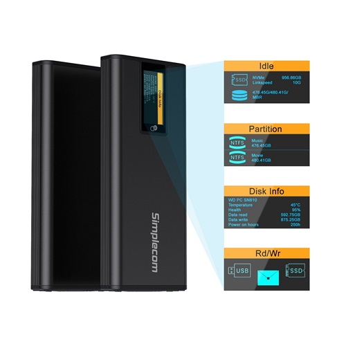 Simplecom SE530, NVMe / SATA M.2 SSD to USB-C Enclosure with SMART LED Screen USB 3.2 Gen 2 10Gbps