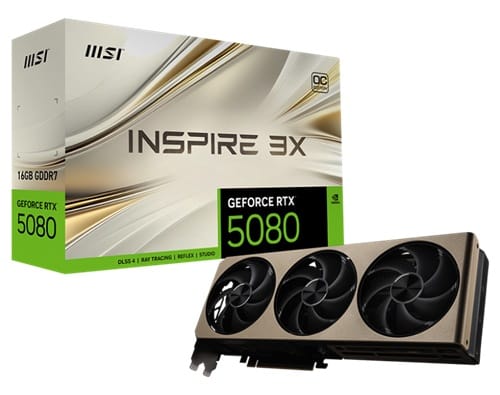 MSI GEFORCE RTX 5080 16G INSPIRE 3X OC, Nvidia GeForce RTX 5080, 16GB GDDR7, Core Clock: 2655MHz, Coda Core: 10752, 1xHDMI, 3xDP, PSU: 850W, PCIe5.0