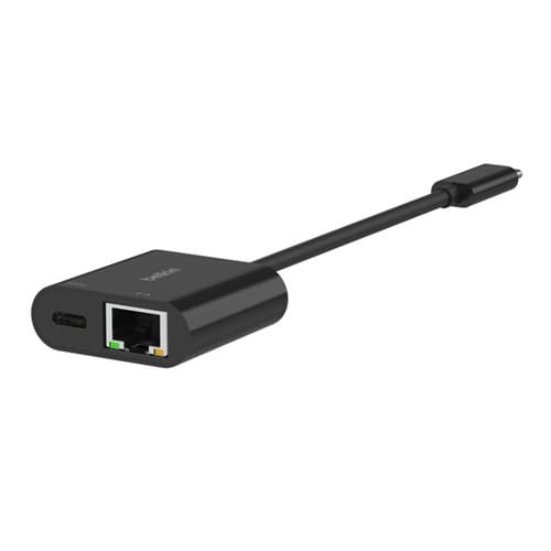 Belkin INC019BTBK, USB-C to Ethernet Charge Adapter, USB-C Power Delivery up to 100W, Ethernet 10/100/1000 Mbps, Black