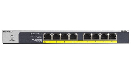 Netgear GS108LP-100AJS, 8-Port PoE+ Gigabit Ethernet Unmanaged Switch, 8-Ports PoE (60W PoE BudgeT), PSU: External Input 54V 1.25A (67.5W), Max MAC Entries: 4K, Buffer Size: 192KB - Bandwidth: 16Gbps, MTBF: 2,752,476 hours, QoS DSCP Support