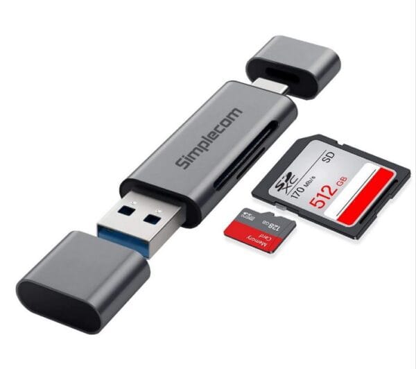 Simplecom CR402, SuperSpeed USB-C and USB-A SD/MicroSD Card Reader, Male to Male