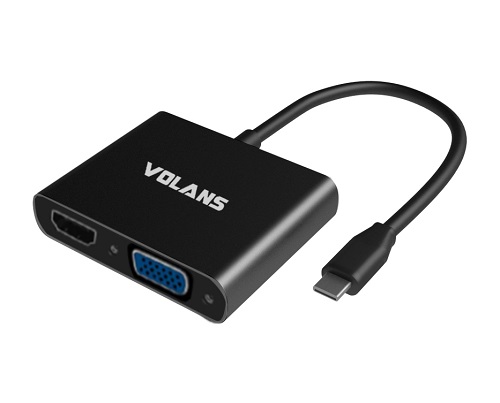 VOL-CNV-USB-C-M-HDMIVGA-F-ADAPTER.jpg Volans VL-UCVH3C, Aluminium USB-C Multiport Adapter, Power Delivery, 4K HDMI/VGA/USB3.0