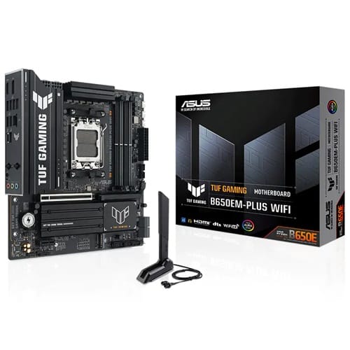 Asus TUF GAMING B650EM-PLUS WIFI, Micro-ATX, AMD AM5, 4xDDR5, 3xM.2, 4xSATA 6Gb/s, RAID, 3xPCIe, 1xHDMI, 1xDP, LAN, Wireless AX+Bluetooth, 1xUSB-C, 7xUSB-A