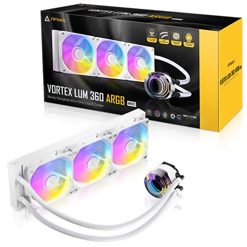 01770704793.jpg Antec VORTEX LUM 360 ARGB WHITE, The Epoch-Making All in One ARGB CPU Liquid Cooler, Noise Level: 28 dB(A), AirFlow: 71.5CFM, Fan: 120mm, Lifespan: 40,000 hours, Compatible: Intel LGA115X-20XX and AMD AM3-TR4