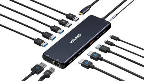 Volans VL-UCH2P(V2), Aluminum 13-in-1 Triple Display USB-C Hub with 100W PD, ABS dock with 2 HDMI2.0 (4K@60/30Hz), DP1.4 4K@60Hz, 4 USB-A (3x5Gb/s, 1x10Gb/s), 2 USB-C (100W PD, 10Gb/s), 2 USB2.0, 3.5mm audio, Gigabit RJ45
