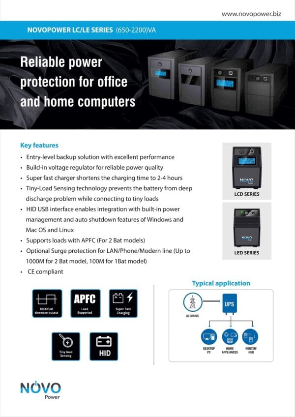 NovoPower LC650AU, Line Interactive UPS with LCD Display, 650VA, 360W, Tower