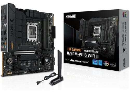 Asus TUF-GAMING-B760M-PLUS-WIFI-II, Micro ATX, Intel LGA1700, 4xDDR5, 3xM.2, 4xSATA 6Gb/s, RAID, 3xPCIe, 1xHDMI, 1xDP, 2.5GbE Ethernet, Wireless AX+Bluetooth, 1xUSB-C, 3xUSB-A, 3xUSB2.0
