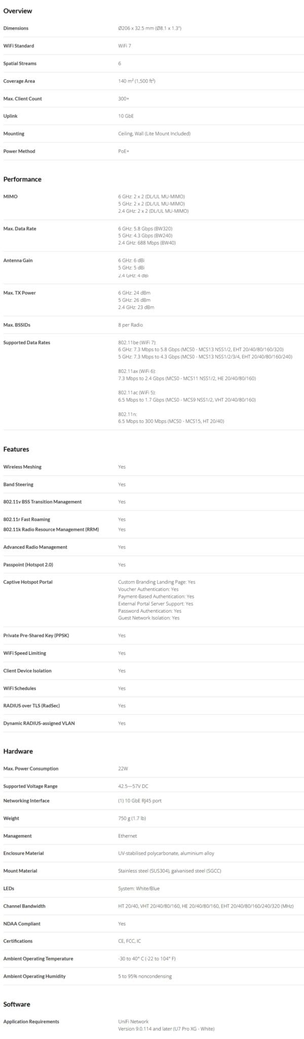 Ubiquiti U7 Pro XG, Ceiling Mounted 6-stream Wi-Fi 7 Access Point, 10/5/2.5/1 GbE Support,140 m² Coverage, 300+ Connect Devices, Powered By PoE+, White