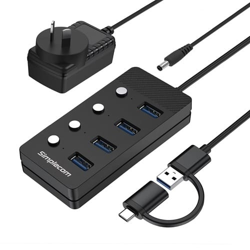 Simplecom CH345C SuperSpeed USB-A and USB-C to 4-Port USB 3.0 Hub 5Gbps Individual Switches and Power Adapter