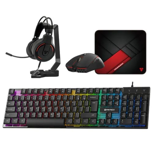 Fantech KBFTP51BK, P51 5 in 1 Power Bundle, Includes Shikari K515 Gaming Keyboard, Crypto VX7 Gaming Mouse, Vigil MP356 Medium Mousepad, Flash HQ53 Gaming Headset, Tower II AC304 Headset Stand