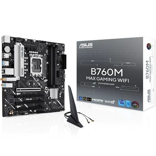 ASUS B760M MAX GAMING WIFI, Micro ATX, Intel LGA1700, 4xDDR5, 3x M.2, 4xSATA 6Gb/s, RAID, 4xPCIe, 1xHDMI, 1xDP, GbE LAN, Wireless AX+Bluetooth, 2xUSB-C, 6xUSB-A