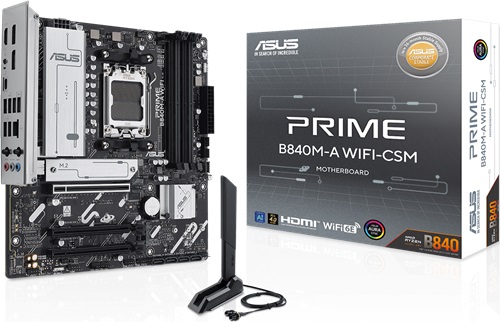 01736216653.jpg Asus PRIME B840M-A WIFI-CSM, Micro ATX, AMD AM5, 4xDDR5, 3xM.2, 4xSATA 6Gbps, RAID, 1xHDMI, 3x PCIe, Realtek 2.5Gb Ethernet, Wireless AX+Bluetooth,1xUSB-C, 6xUSB-A, 3 Year Warranty