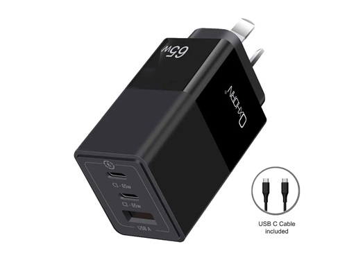 01773711306.jpg Oxhorn NB-PD65CCAB, 65W GaN Type C fast Charger 3 Port 2xUSB-C, 1xUSB-A, PD3.0 QC4.0 PPS AUS Approved C-tick Black with 1m Cable, 2 Year Warranty